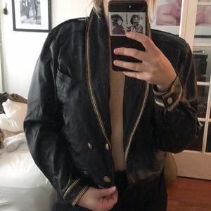 Faux leather military cropped jacket gold detail